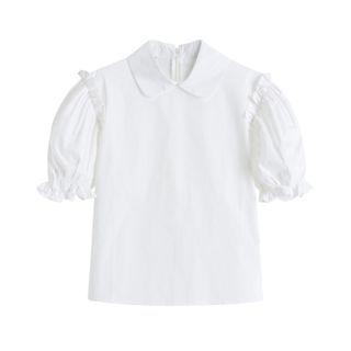 Puff-sleeve Frill Trim Zip Blouse