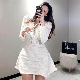 Long-sleeve V-neck Plain Mini A-line Dress