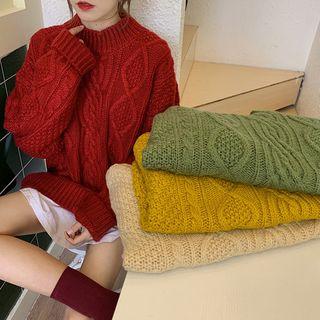 Mock-neck Oversize Plain Cable Knit Sweater