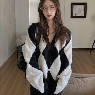 Long-sleeve V-neck Argyle Sweater As Shown In Figure - One Size