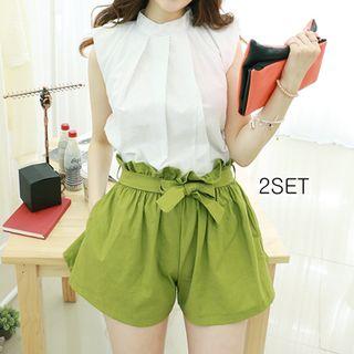 Set: Mock-neck Zip-back Blouse + Linen Paperbag-waist Shorts
