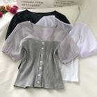 Mesh Panel Puff-sleeve Knit Top