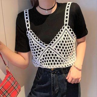 Set: Short-sleeve T-shirt + Crochet Camisole Top
