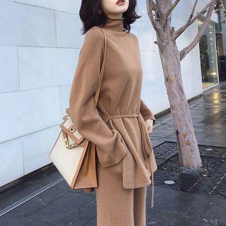 Set: Mock-neck Knit Top + Wide Leg Pants