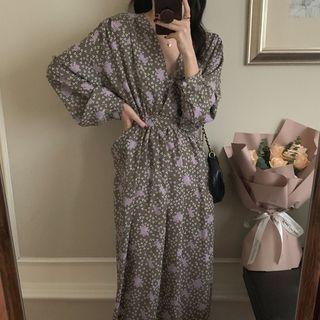 Long-sleeve V-neck Floral Print Dress Purple & Gray - One Size