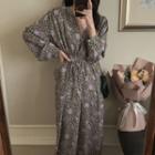 Long-sleeve V-neck Floral Print Dress Purple & Gray - One Size