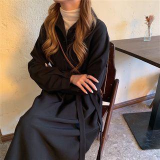 Plain Long-sleeve Loose-fit Shirtdress Black - One Size