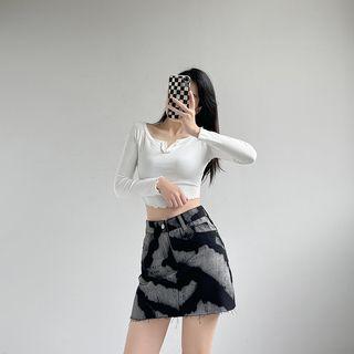 Printed Denim Mini A-line Skirt