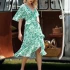 Puff Sleeve V-neck Ruffle Trim Floral Print Dress