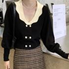 Contrast Collar Double-breasted Cardigan Black - One Size