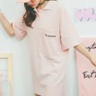 Lettering Elbow Sleeve Polo Shirtdress