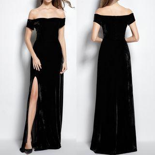 Short-sleeve Off-shoulder Split Hem Evening Gown