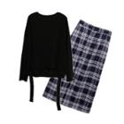 Set: Plain Pullover + Midi Plaid A-line Skirt