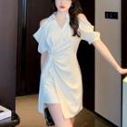 Elbow-sleeve Cold-shoulder Mini A-line Shrit Dress