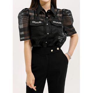 Chain-detail Checked Sheer Blouse