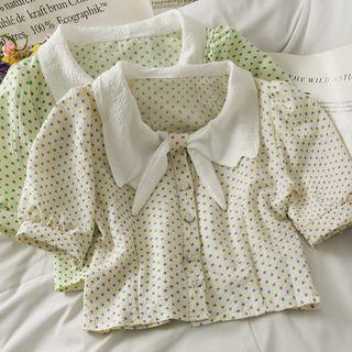 Ribbon-collar Dotted Crop Shirt