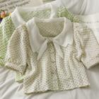 Ribbon-collar Dotted Crop Shirt