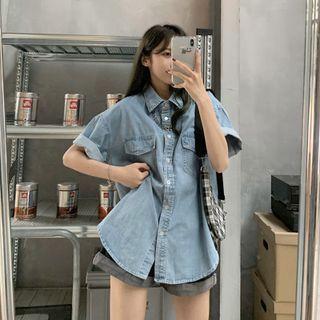 Short-sleeve Pocket Detail Denim Shirt Light Denim Blue - One Size