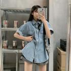 Short-sleeve Pocket Detail Denim Shirt Light Denim Blue - One Size