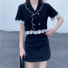Short-sleeve Lace Trim Cropped Shirt Black - One Size