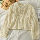 Heart-embossed Crew-neck Lace Shirt Almond - One Size