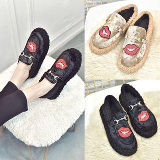 Lips Embroidered Furry Loafers
