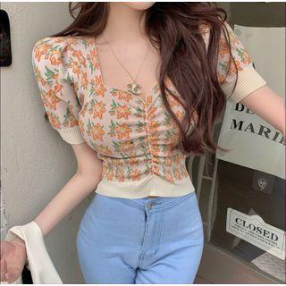 Square-neck Flower Print Top As Figure - One Size