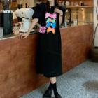 Puff-sleeve Bow Print Midi A-line Dress Black - One Size