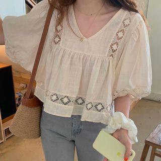 Puff-sleeve V-neck Top As Figure - One Size