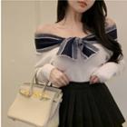 Off-shoulder Bow Sweater / Pleated Mini A-line Skirt