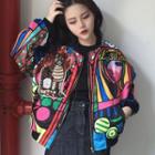 Cartoon Print Bomber Jacket As Shown In Figure - One Size