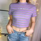 Letter Embroidered Striped Cropped Ribbed T-shirt