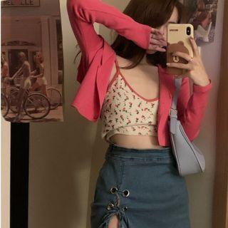 Floral Print Cropped Camisole Top / Cardigan / Denim Mini Pencil Skirt