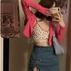 Floral Print Cropped Camisole Top / Cardigan / Denim Mini Pencil Skirt