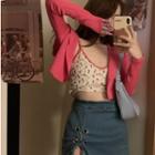 Floral Print Cropped Camisole Top / Cardigan / Denim Mini Pencil Skirt