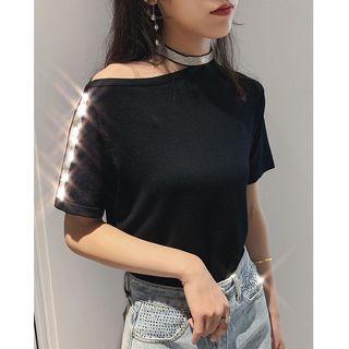 Short-sleeve Rhinestone Cut Out T-shirt