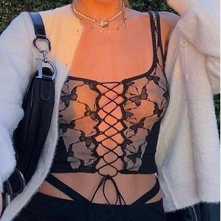 Butterfly Print Lace-up Sleeveless Top