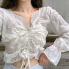 Shirred Long-sleeve Cropped Blouse White - One Size