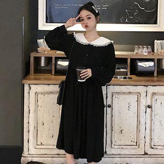 Long-sleeve Contrast Collar Midi Dress With Sash Black - One Size