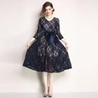 V-neck Bow Accent 3/4-sleeve Dress