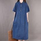 Elbow-sleeve Polo Neck Denim Midi A-line Dress