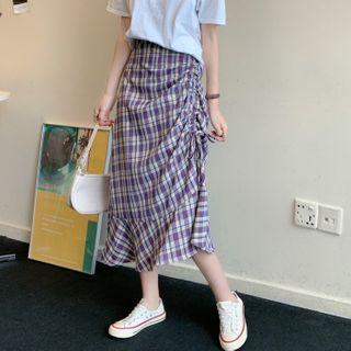 Ruched Side Ruffle Hem Plaid Midi Skirt
