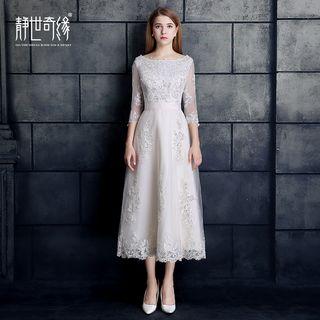3/4-sleeve A-line Midi Evening Dress