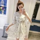 Elbow-sleeve Floral Print Chiffon A-line Mini Dress