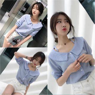 Elbow-sleeve Wide Collar Striped Shirt