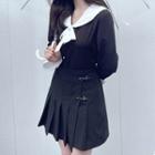 Long-sleeve Sailor Collar Blouse / Mini Pleated Skirt / Set