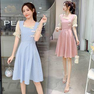 Puff-sleeve Check A-line Dress