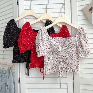Square-neck Floral Cropped Shirt Top