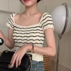 Short-sleeve Striped Pointelle Knit Top Almond - One Size
