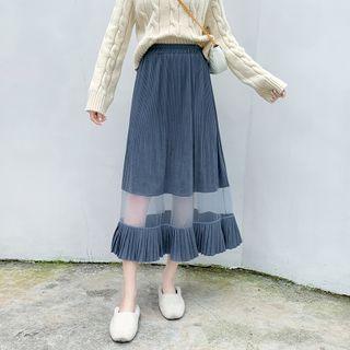 Mesh Panel Accordion Pleated Midi A-line Skirt